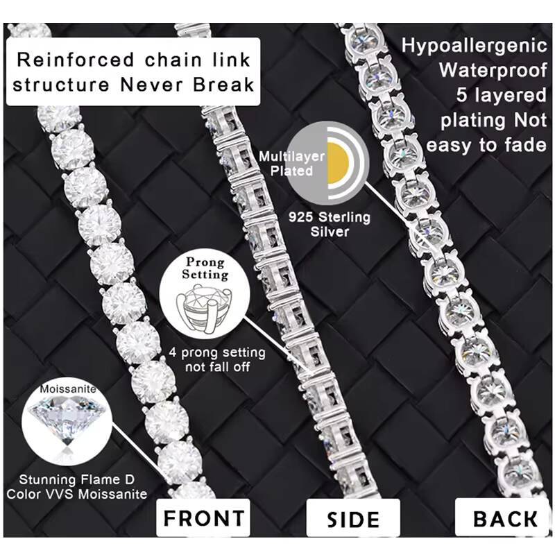 Hip Hop Full Size Sale 265mm Moissanite Bracelet Necklace for Women Sterling Silver Gold Men Iced Out Moissanite Tennis Chain