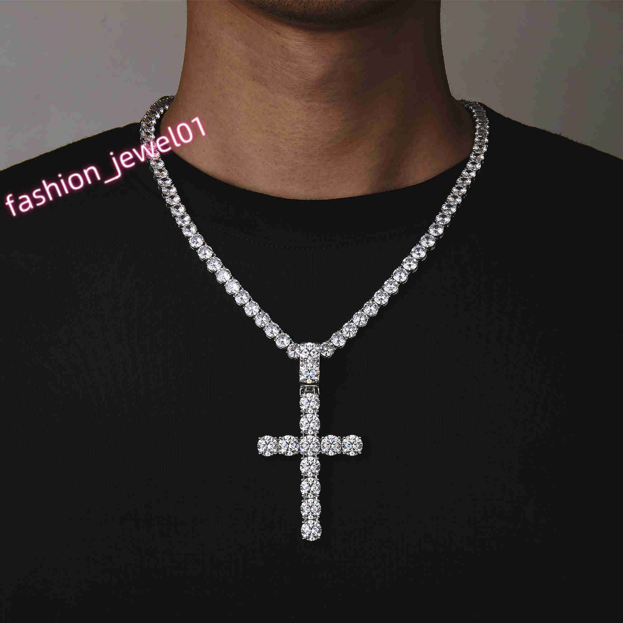 68mm 925 Sterling Silver Tennis Big Cross Necklace Moissanite Pendants and Chain for Men