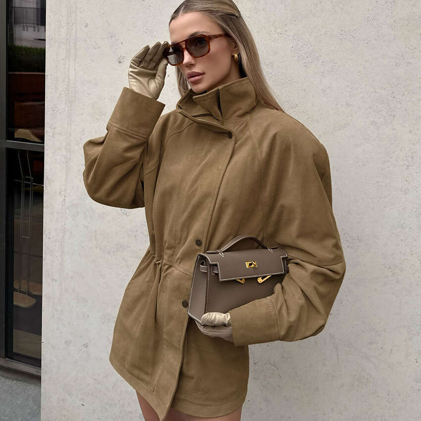 Winter New Loose High Collar Waist-Cinching Suede Mid-Length Jacket Coat With Design Sense And Fashionable Temperament B3