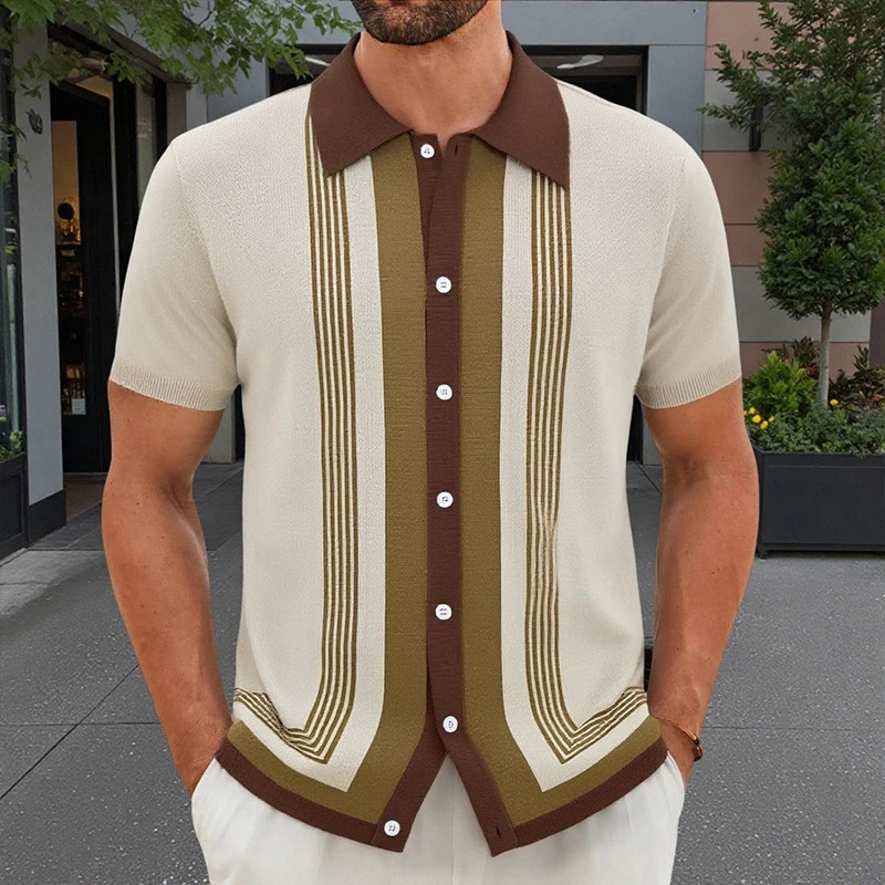 American Retro Men Polo Shirt Summer Fashion Patchwork Knitted Short Sleeve Cardigan Tops Premium Breathable Striped Shirts 250905