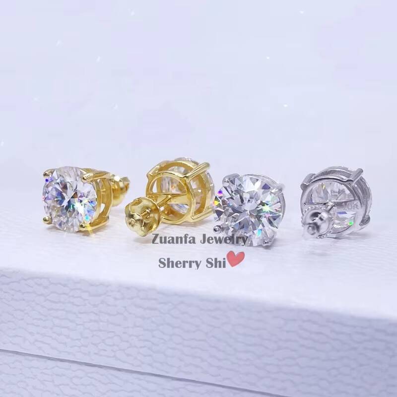Sterling Silver White Gold Screw Back Pass Diamond Tester Certified Round Moissanite Stud Earrings