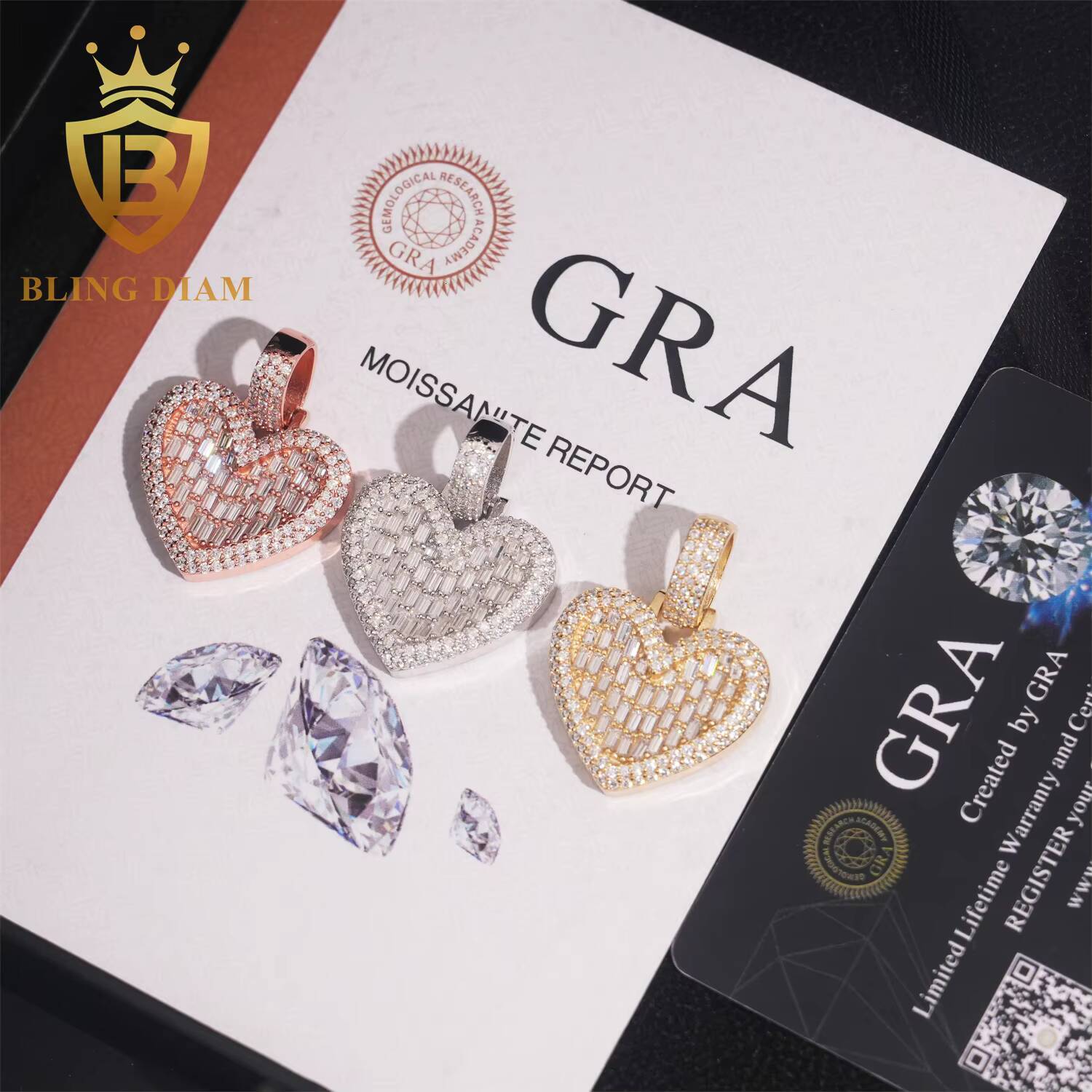 Iced Out Baguette Cut Heart Pendant Hip Hop Jewelry 925 Silver Moissanite Pendant Pass Diamond Tester