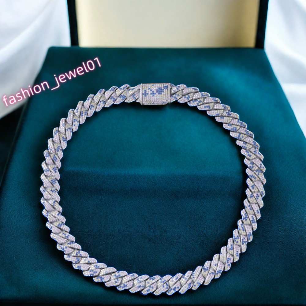 Moissanite Chain Cuban 18mm Necklace 925 Sterling Silver Blue Spotted Pass Diamond Tester Hiphop VVS Moissanite Cuban Chain