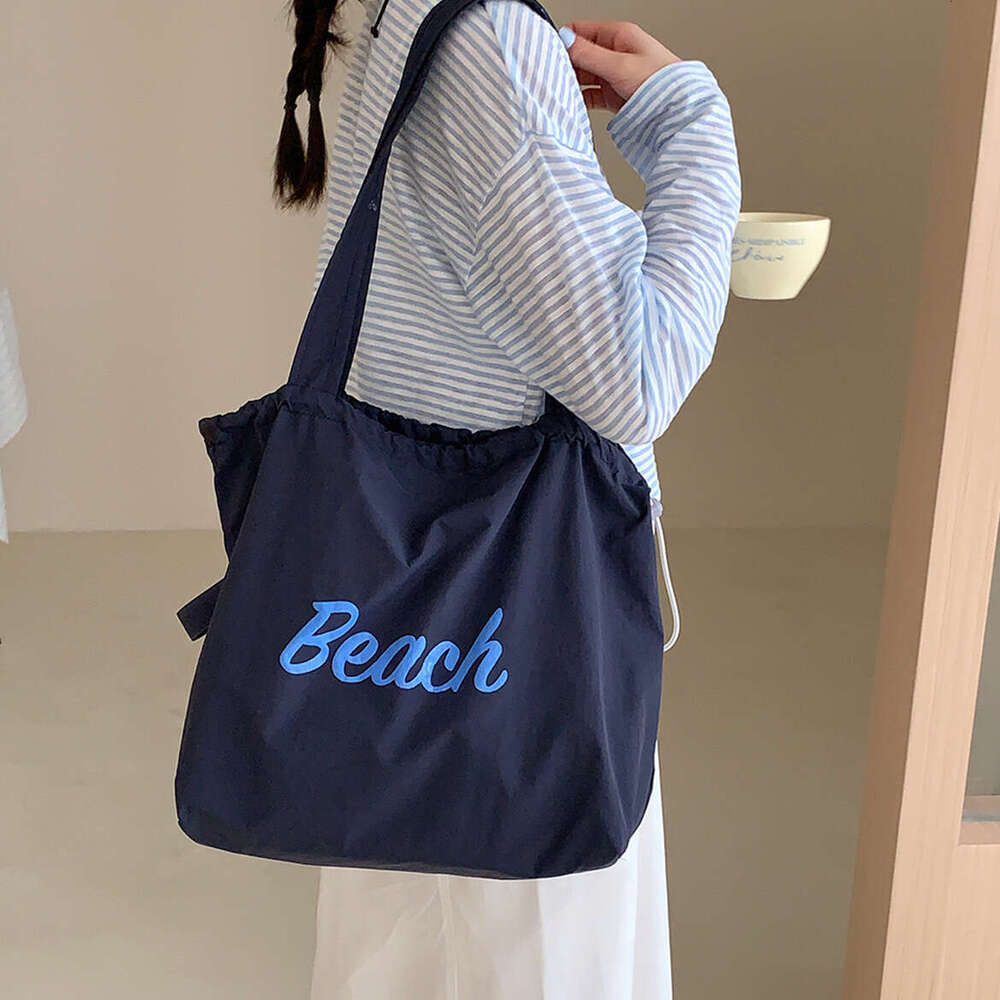 Korean Style New Letter Print for Women Large Capacity Nylon Shoulder Casual Versatile Portable Drawstring Tote Bag