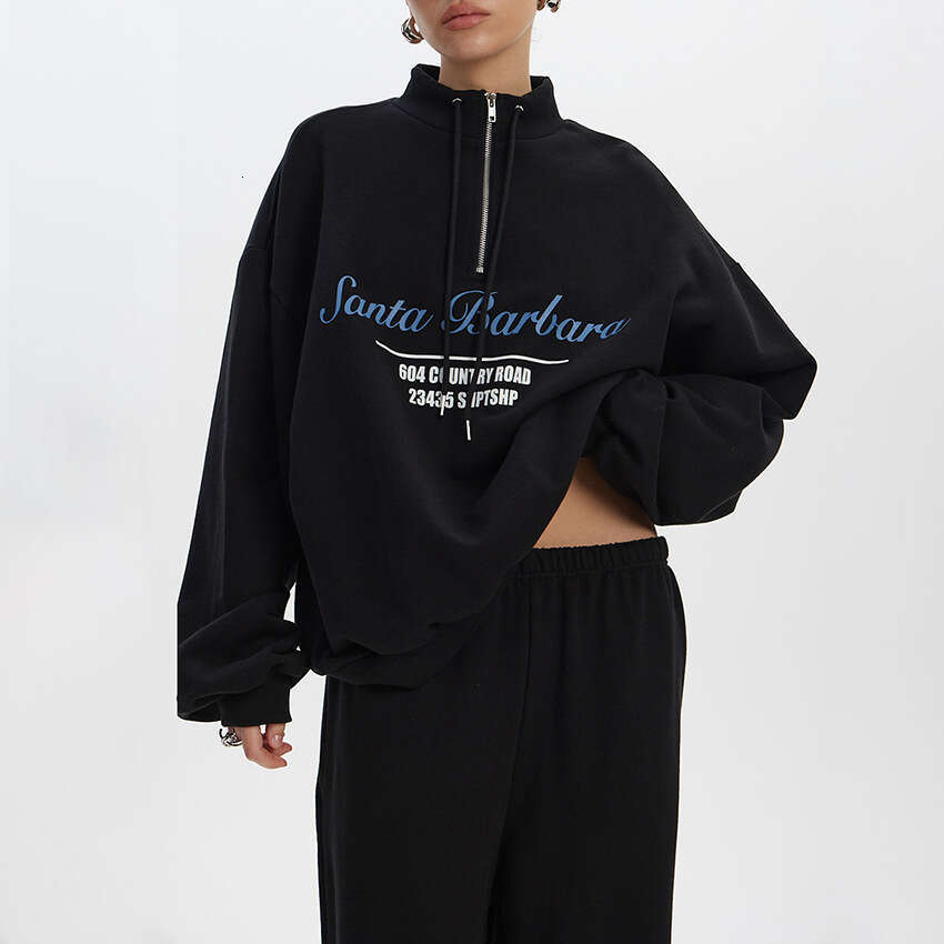 Autumn Winter New Loose Simple Zipper Printed Sweatshirt Wide-Leg Pants Set Design Sense Elegant Casual B3