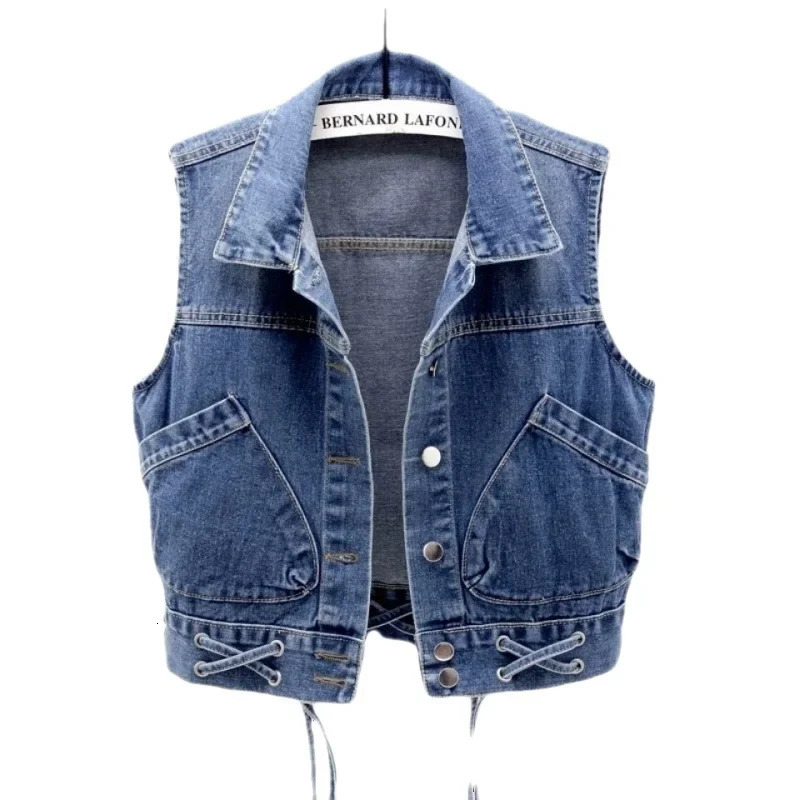 Denim Vest Summer Thin Top Womens Slimming Jacket Versatile AgeReducing Belt Large Pocket Jacket For MiddleAged Peop 250906