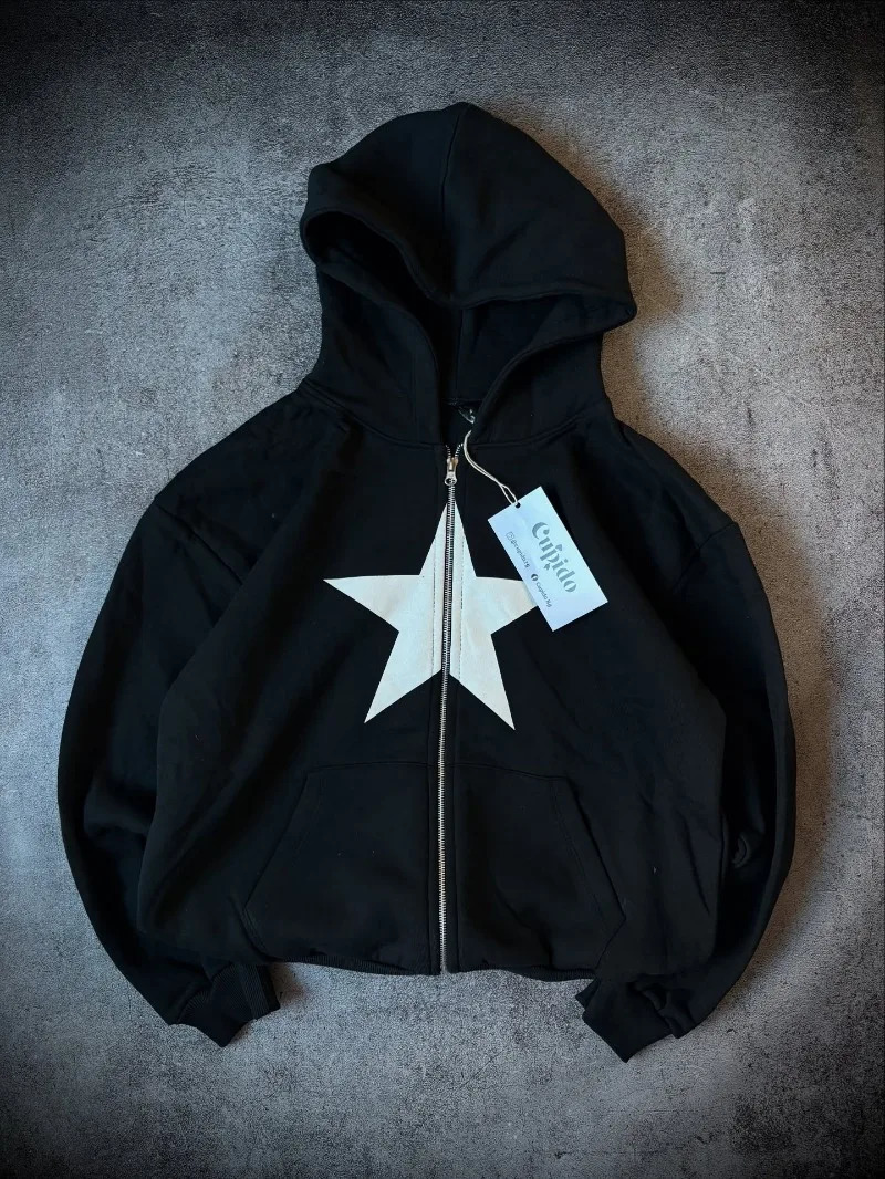 American Y2K Hip Hop Trend Zipper Hoodie Women Street Casual Loose Joker Vintage Sweatshirt Unisex Fleece Padded Warm Hoodie 250815