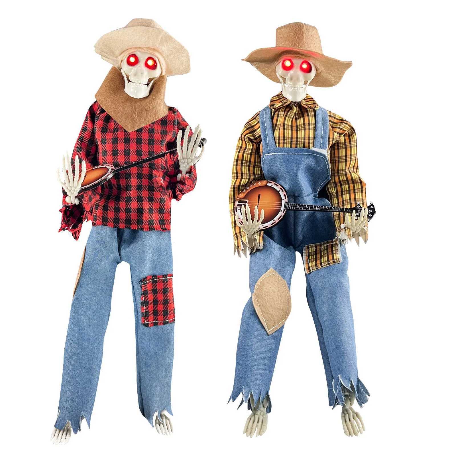 Animated Motion Sound Activated Musical Multi Lingual Banjo Skeletons Duo Halloween Fall Indoor Glowing Skeleton DecorXJ250906