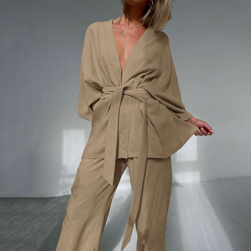 Autumn Winter New Loose Soft V-Neck Tie Sleeve Long Pants Set Design Sense Elegant Casual B3
