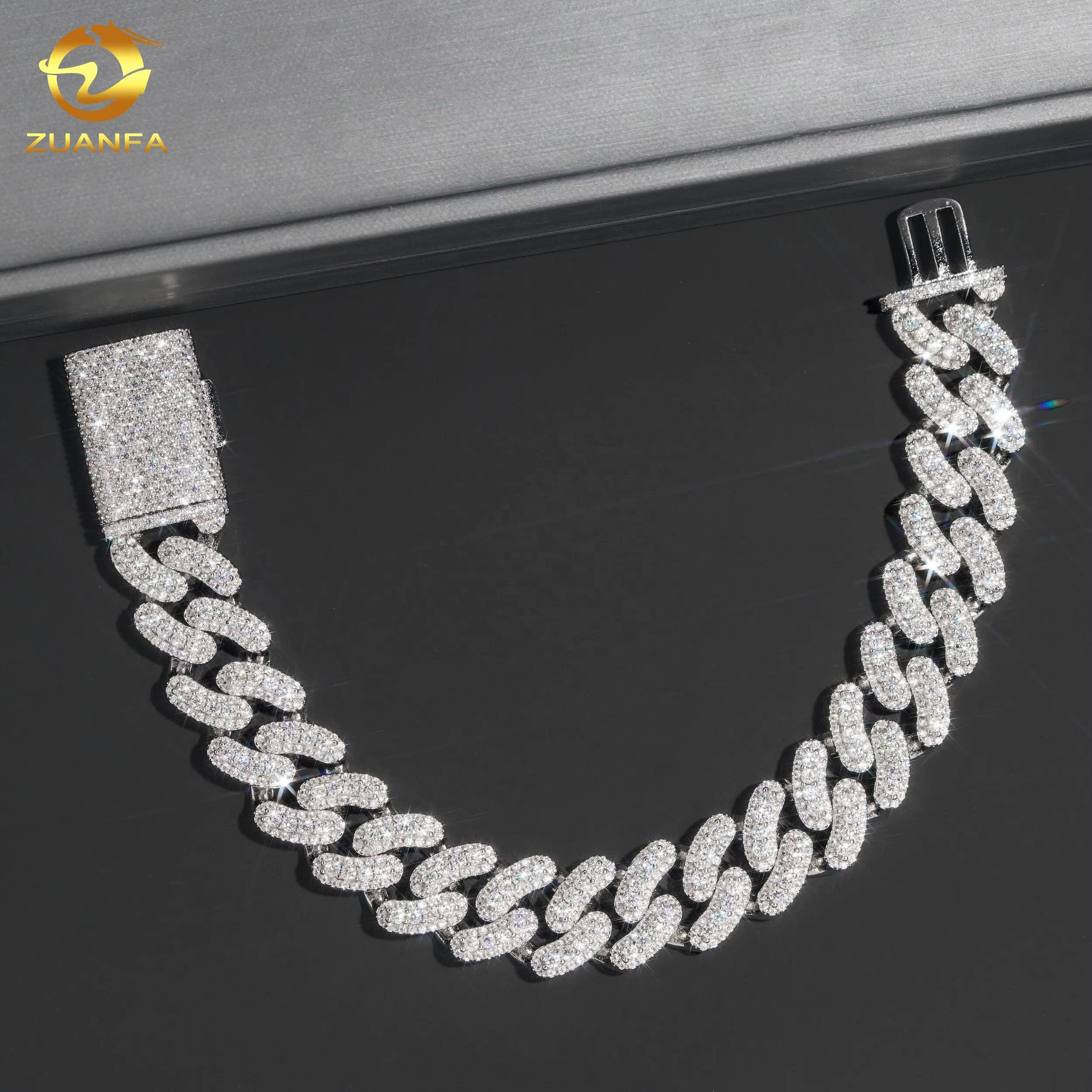 Iced Out Jewelry Cuban Link Chain 925 Silver Mens 15MM Width Hip Hop Moissanite Cuban Link Bracelet