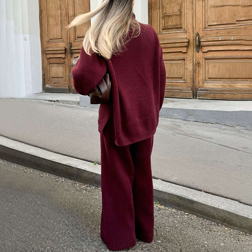 Autumn Winter New Zipper Turn-Down Collar Sleeve Long Pants Knitted Suit For Women Design Sense Elegant Fashion Commuting B5