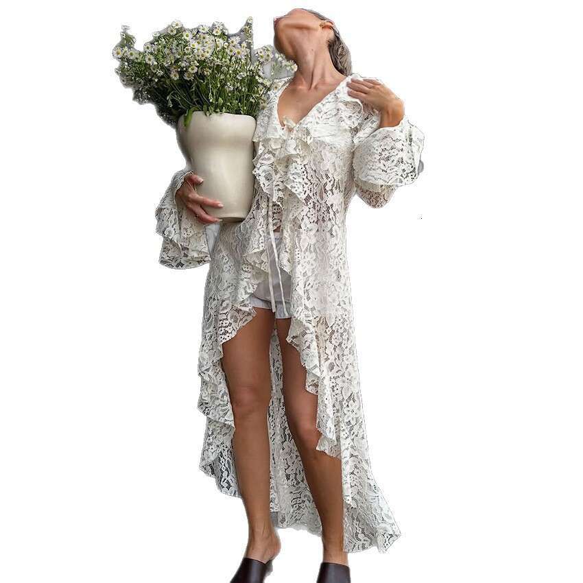 Autumn Winter New French Style Hollow Lace Tie Cardigan Long Sleeve Dress With Design Sense And Fashionable Temperament B3