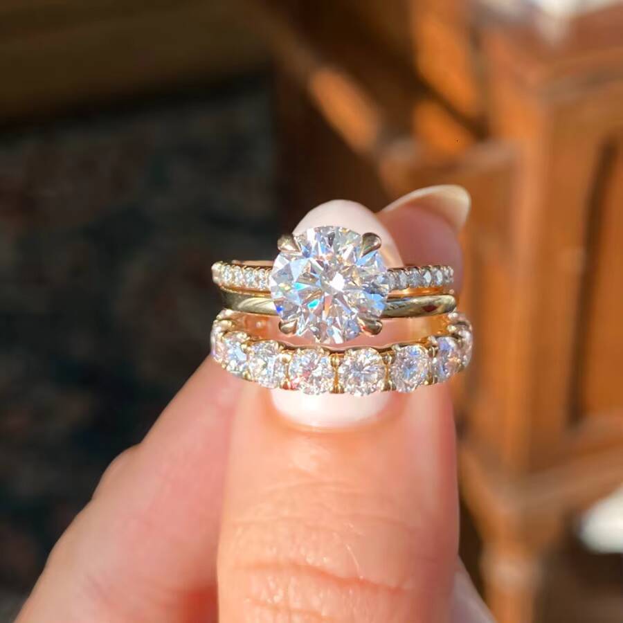 Customizable 18K Gold Plated Wedding Ring Set Modern Trendy Inlay Zircon Rings Jewelry Women Fashion Rings