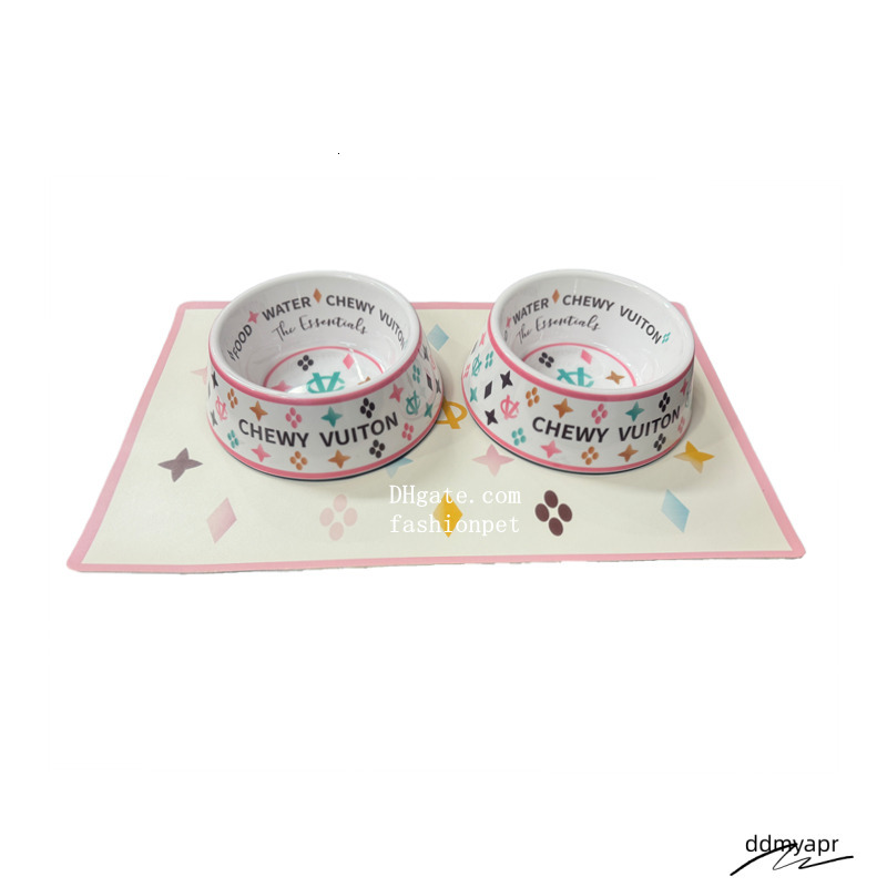 Designer Bowls And Placemat, Water Bowls, Grade BPA Free, Non-Skid Bottom Dishwasher Safe, Dog Food Mat Included, White 23Oz J01 Ddmyfeb