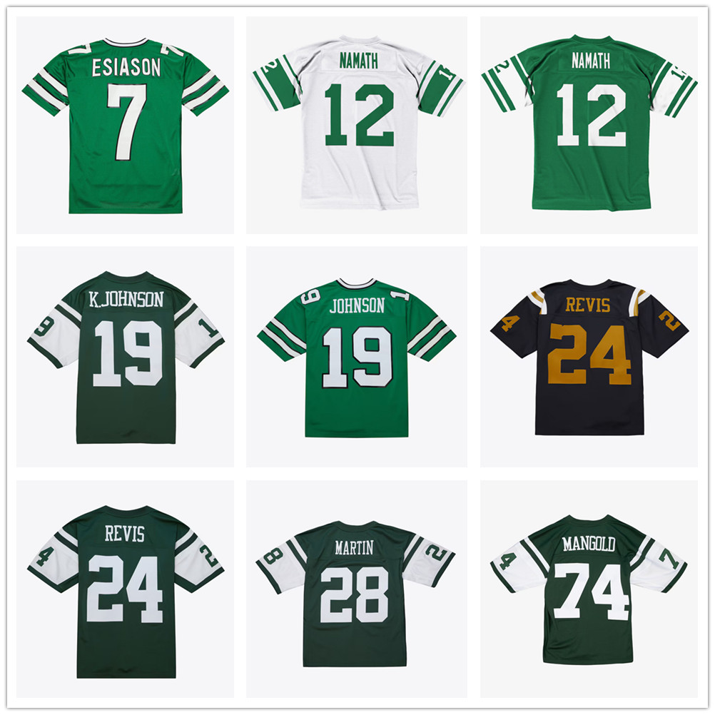 S-6XL Vintage Football Jersey 12 Joe Namath 19 Keyshawn Johnson 24 Darrelle Revis 28 Curtis Martin 7 Boomer Esiason 74 Nick Mangold Retro Men Women Youth All Stitched
