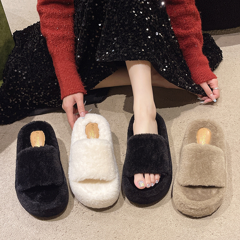 Free shipping thick-soled height-increasing fashionable fleece cotton trendy niche high-end woolen slippers