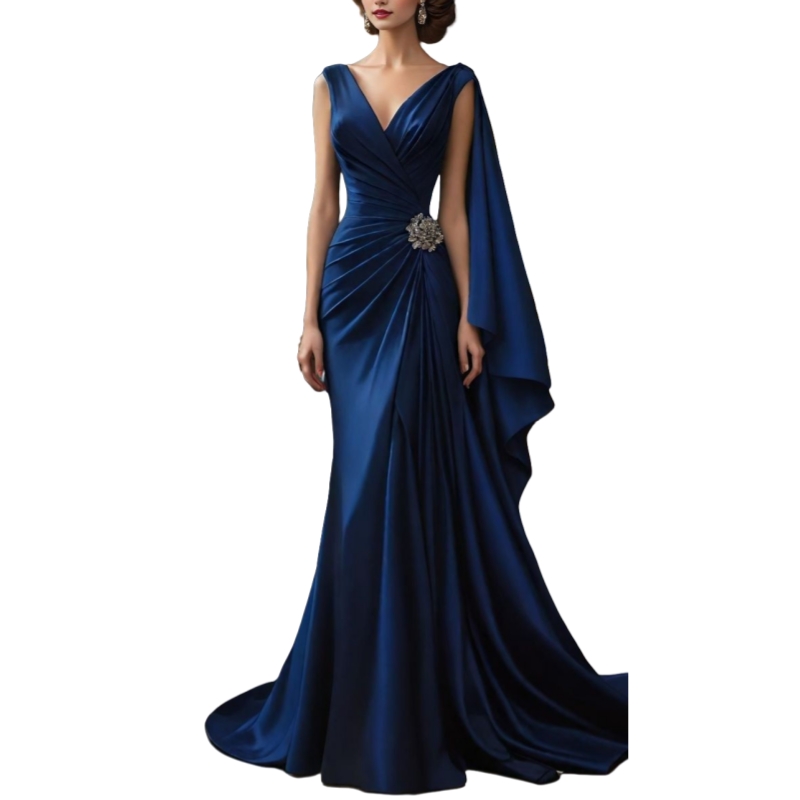 Pleats Satin Mermaid Evening Dresses V-Neck Long Elegant Party Prom Gown Simple Special Occasion Dress For Women