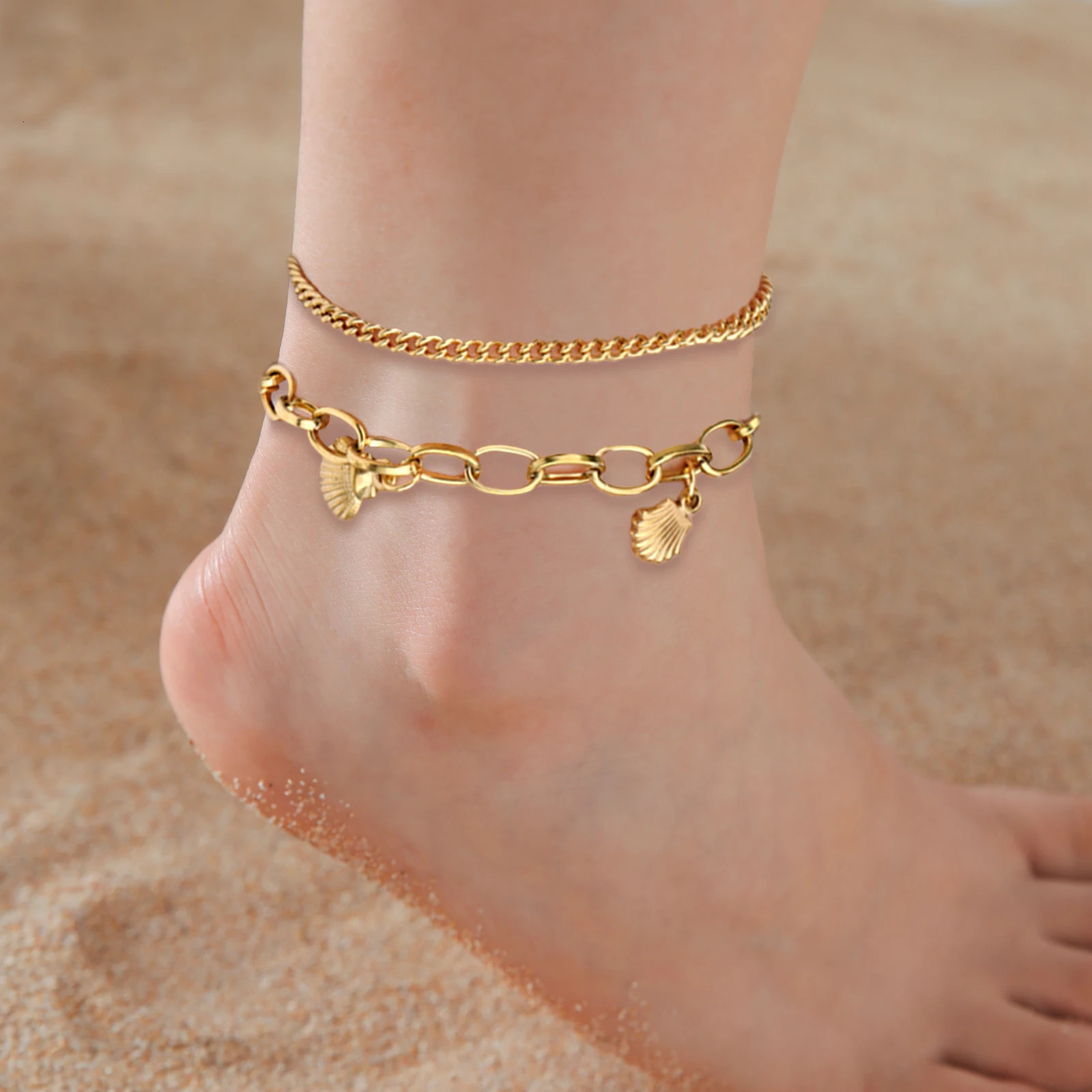 Kkjoy Fashion Stainless Steel Gold Color Double Layers Shell Anklet For Women Starfish Charms Foot Chain Jewelry Accessories 250906