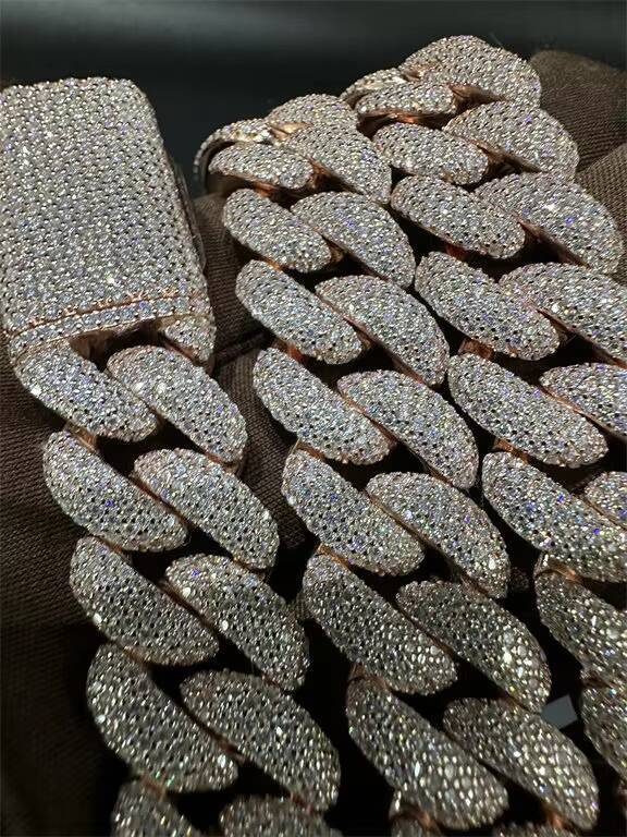 Direct Sales Luxury Vvs Moissanite 925 Sterling Silver Plated 18k Rose Gold Curling Iron Cuban Chain 16mm 22 Inches