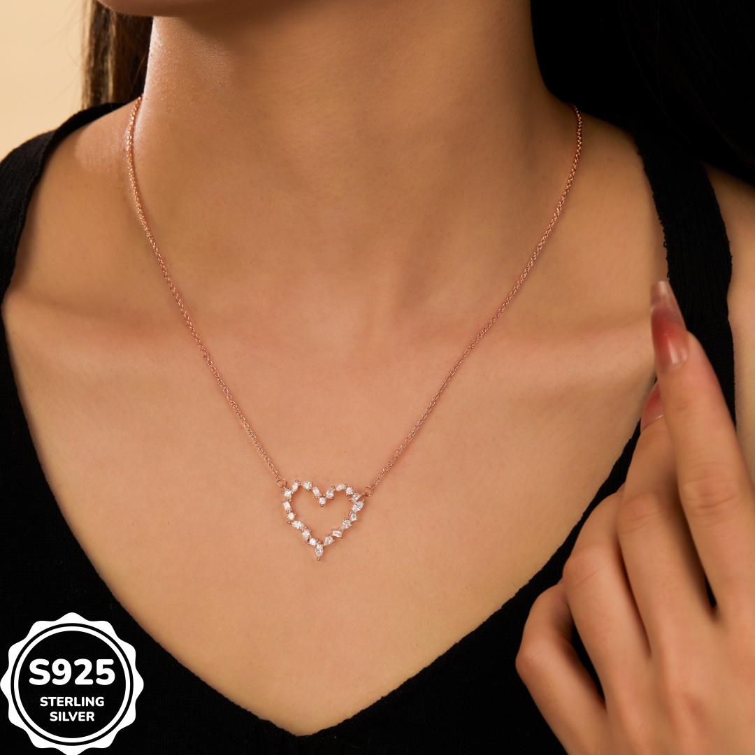 MT 925 Sterling Silver 5A CZ Hollow Heart Pendant Necklace, Women's Pearlized Charismatic Chain Jewelry, Wedding Engagement Proposal Necklace