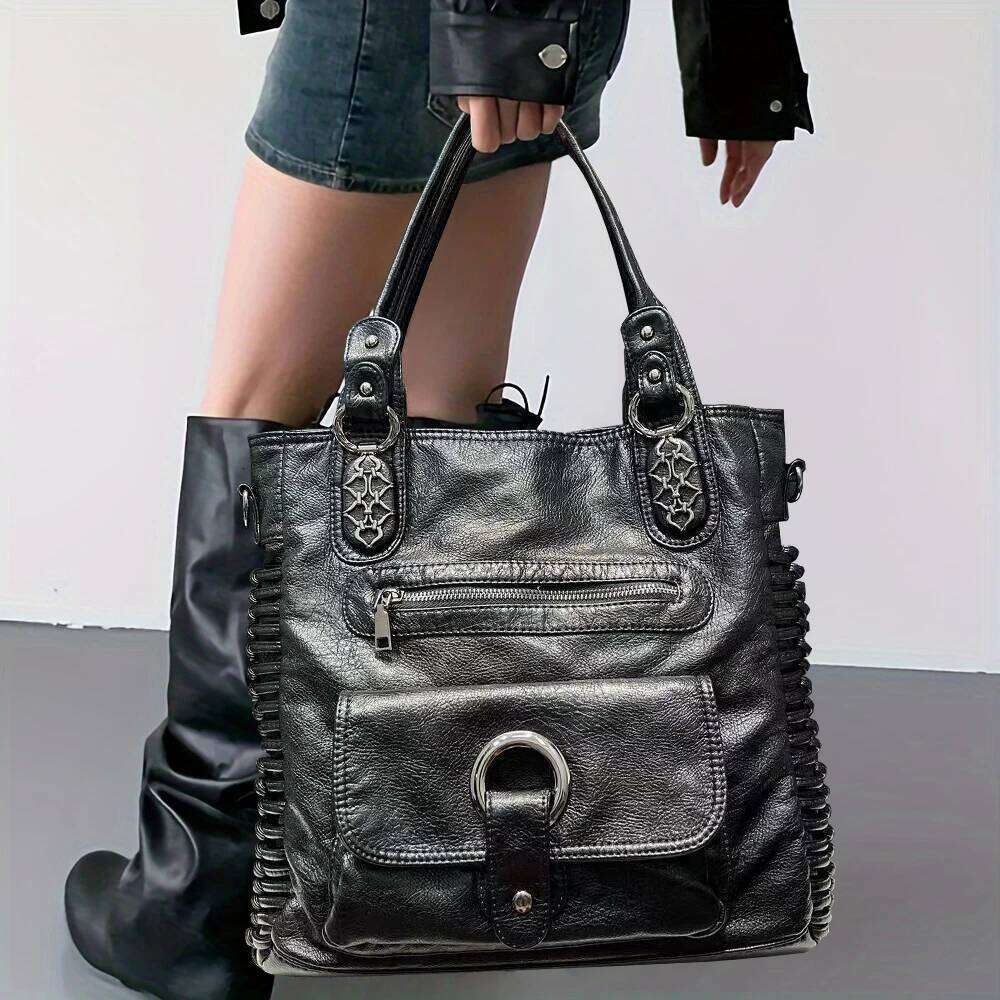 Women's Fashion Y2k Punk Distressed Tote Large Capacity Washed Vegan Leather Shoulder Bag