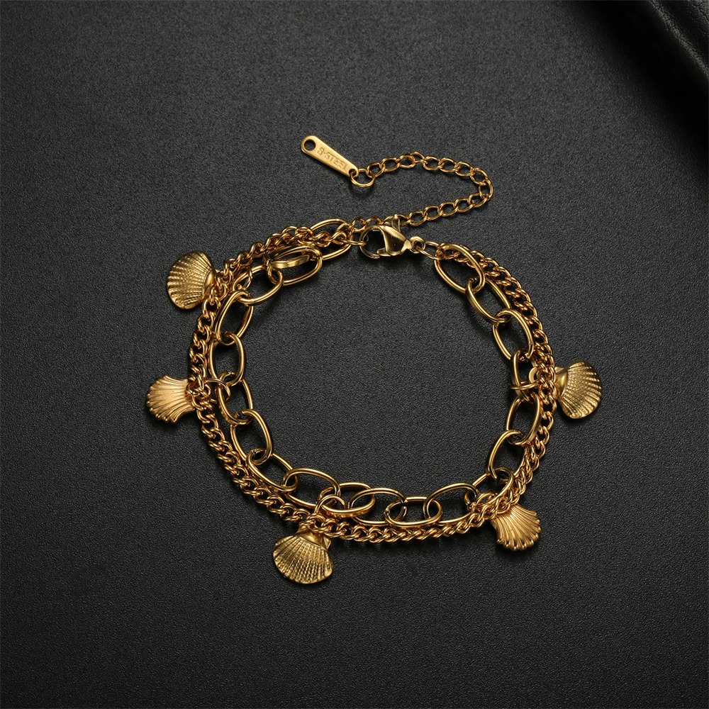 Kkjoy Fashion Stainless Steel Gold Color Double Layers Shell Anklet For Women Starfish Charms Foot Chain Jewelry Accessories 250906