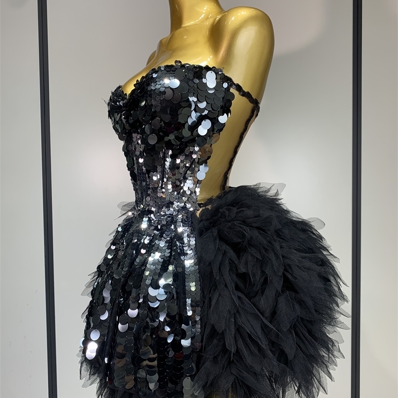 Sparkly Black Sequins Two Pieces Set for Women Party Evening Prom Celebrate Birthday Po Shoot Dress Nightclub Dance Costume 250906
