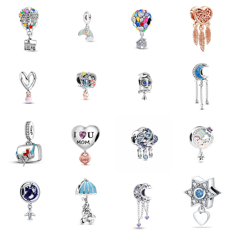 S925 Silver Designer Charm Hot Air Balloon Castle Moon Owl Valentine's Day Umbrella Globe Travel Bracelet DIY Hanging Bead Free Shipping