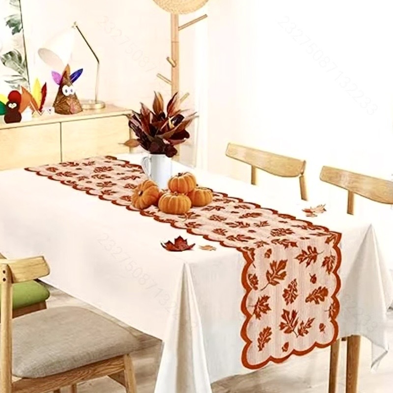 90234 Leaf design table runner, Thanksgiving elegant brown tablecloth, autumn dinner party fire towel, autumn harvest decoration Tablecloth