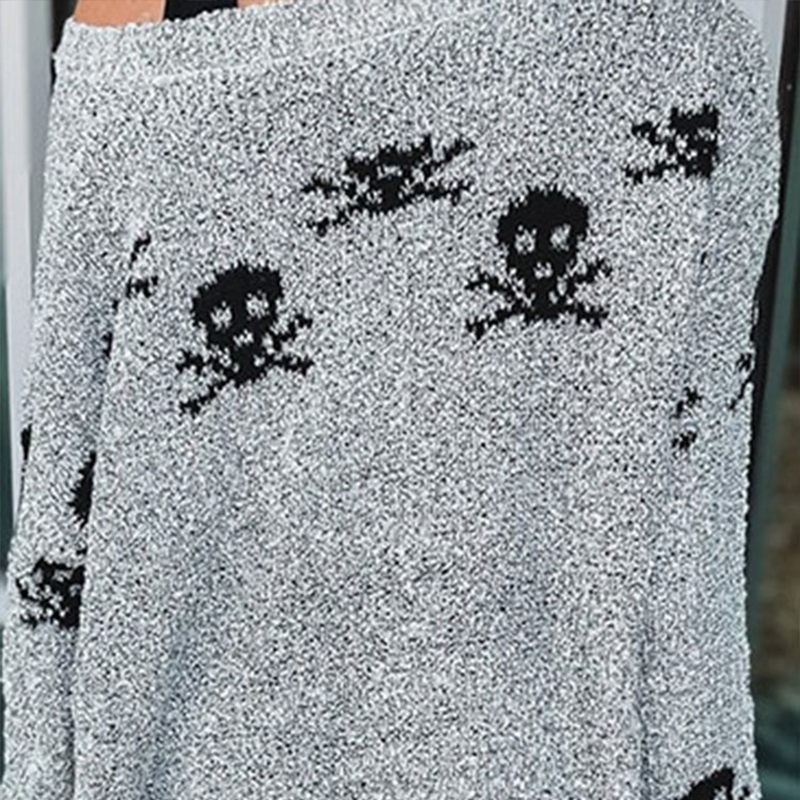 Women's Sweater Fashion Skull Pattern One Collar Loose Casual Versatile Knitted Sweater