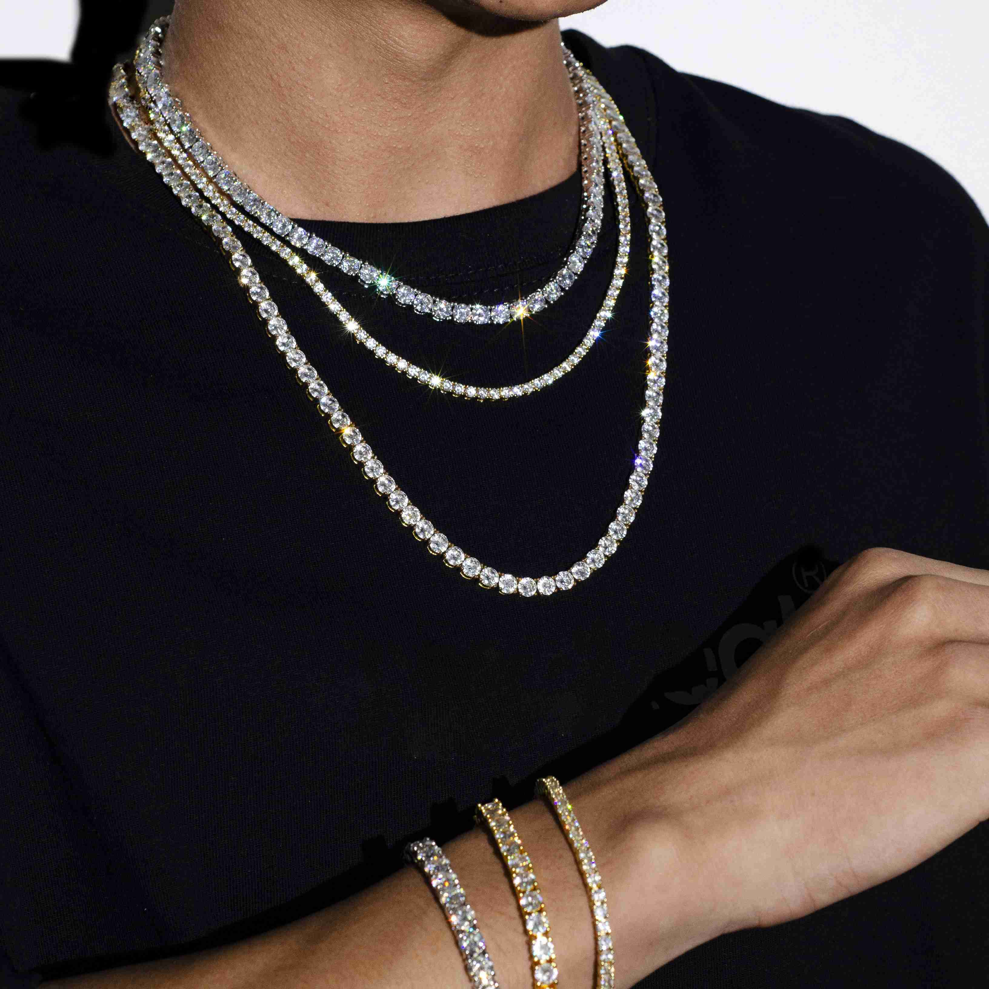 Gold Plated Moissanite Tennis Bracelet Necklace in Hip Hop Style with 3MM Round Brilliant Cut Diamonds