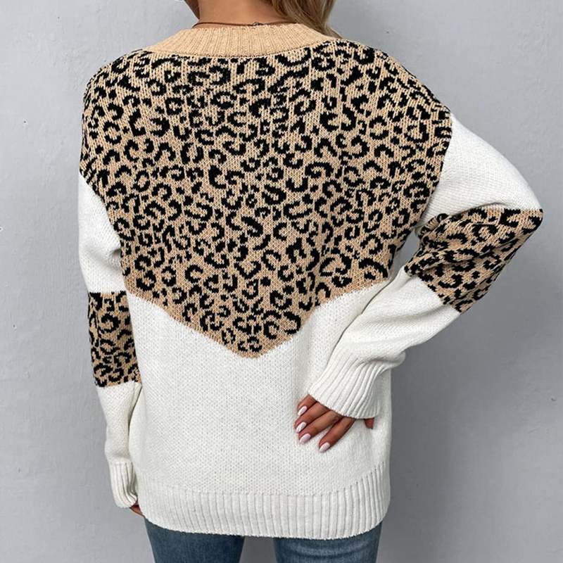 Designer Clothing Women's Knitted V-Neck Leopard Print Sweater
