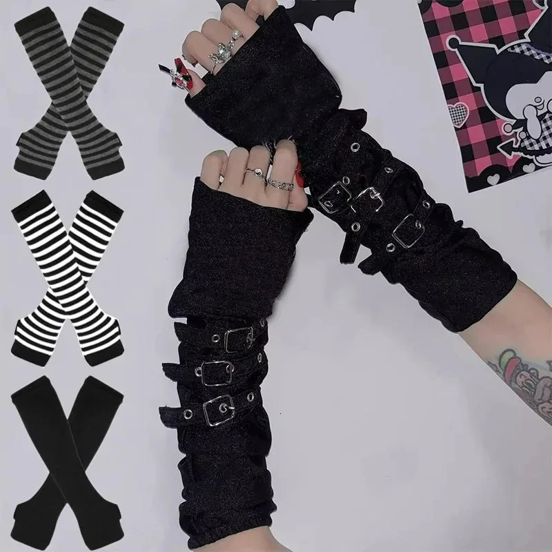 Women Men Gothic Lolita Glove Arm Cover Harajuku Arm Warmers Striped Fingerless Punk Long Wristband Fashion Y2K Girls Gloves 250906