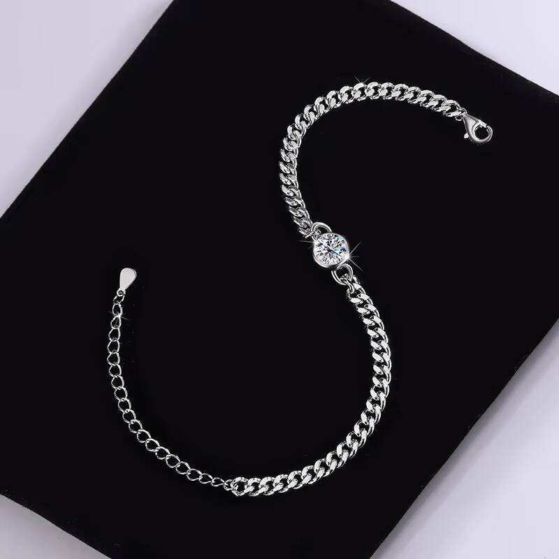 Stylish Personality S925 Sterling Silver Cuban Bracelet Light Luxury Simple Moissanite Bracelet for Women