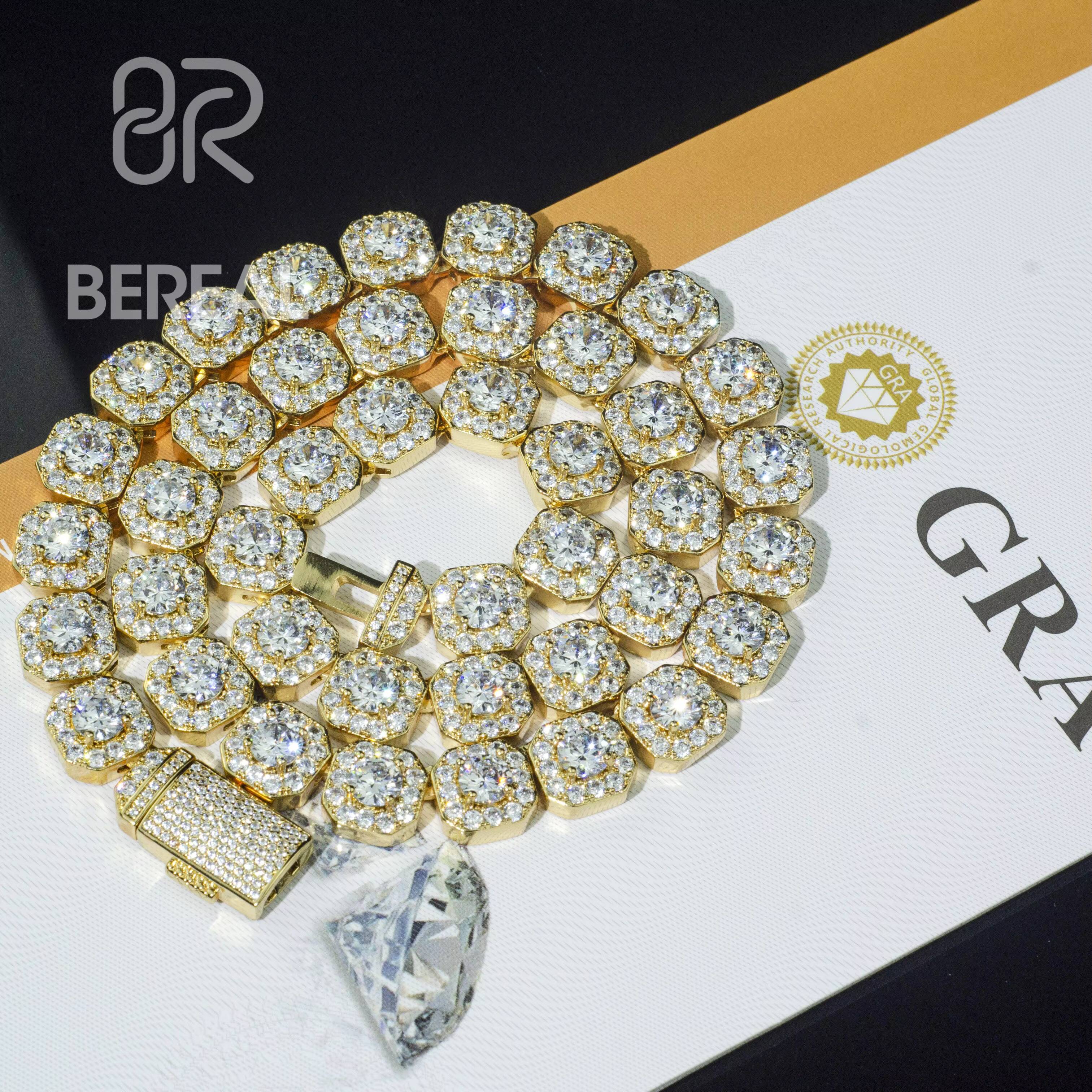 Factory High Quality Moissanite 10MM Square Micro Cluster Tennis Chain Necklace 925 Silver Mens Big Moissanite Tennis Chain