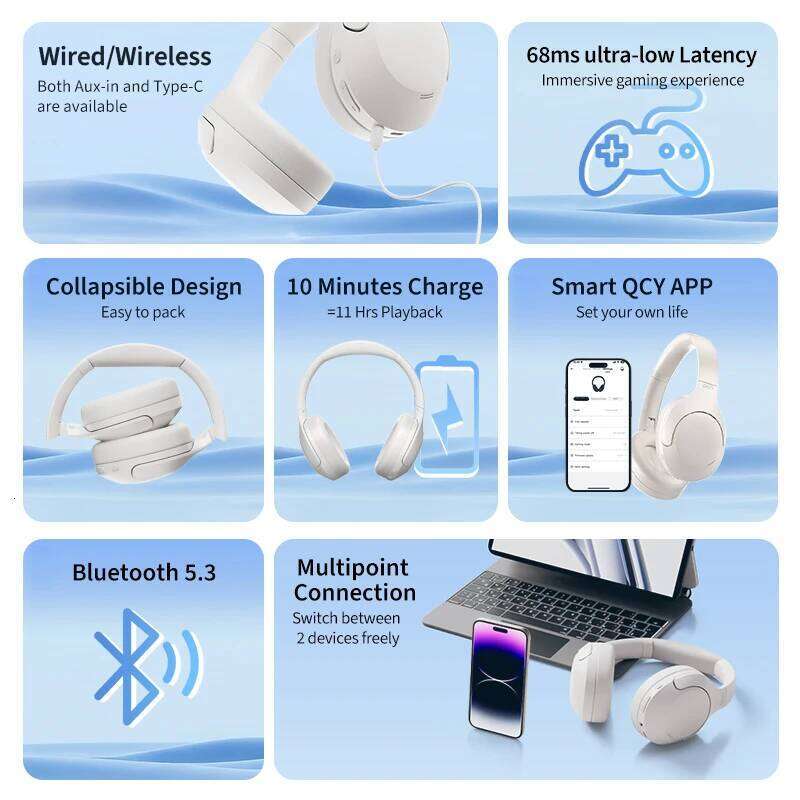 QCY H3 Lite ANC Wireless/Wired Headphones Bluetooth 5.3 Foldable Over Ear Headset HIFI Sound 60H Playtime Earphones Dual Connect