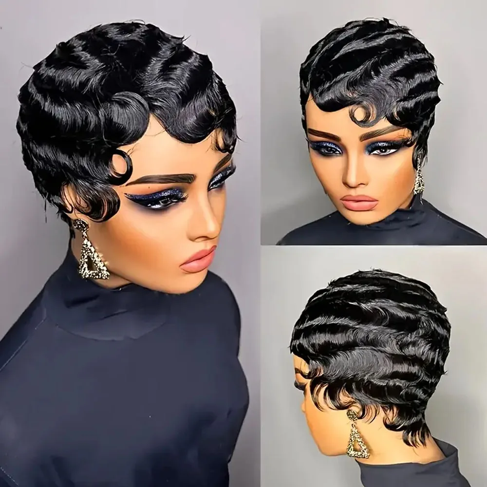 Short Pixie Cut Wig Human Hair Short Bob Wig 100% Human Hair Deep Wave Headband Glueless Wig Full Machine Made Wigs Brazilian Remy Hair For Black Wome