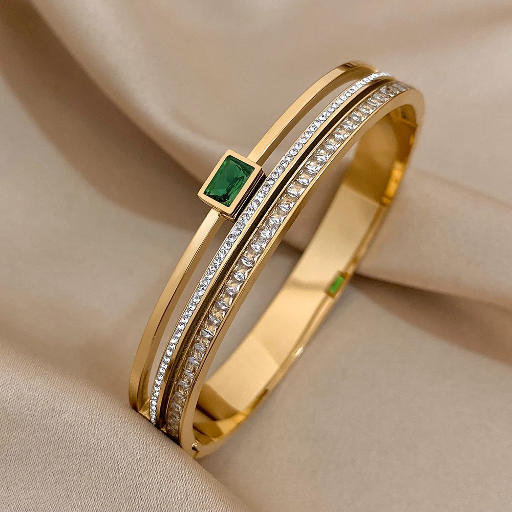 Gold Tone Luxury Jewelry Stainless Steel Cuff For Women and Men Silver Color Couple Bracelets Green White Rhinestone Wide Bangle Full Diamond Bracelet - view 3