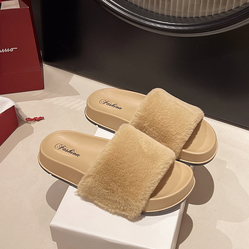 Gentle fairy style fur slippers for womens outdoor wea new autumn winter thick soled warm onepiece cotton slippers