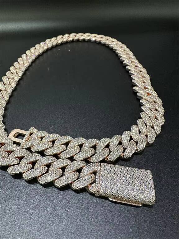 Direct Sales Luxury Vvs Moissanite 925 Sterling Silver Plated 18k Rose Gold Curling Iron Cuban Chain 16mm 22 Inches