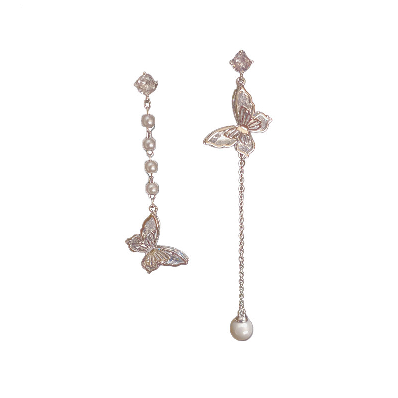 Luxury Brand Designer Jewelry Light Luxury Exquisite Fashion Socialite Style Asymmetric Butterfly Tassel Earrings Niche Design Sense Elegant Versatile