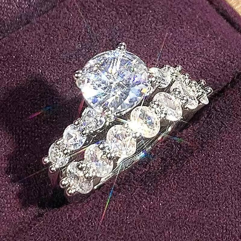 CAOSHI Hot Sale Graceful Geometric Design Bling 3A Zircon 2Pcs Sets Rings for High Quality Women Wedding Silver Plated CZ Rings