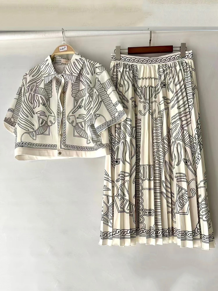 summer womens retro geometric print lapel straight short shirt twopiece set high waist loose pleated skirt fashion suit 250906