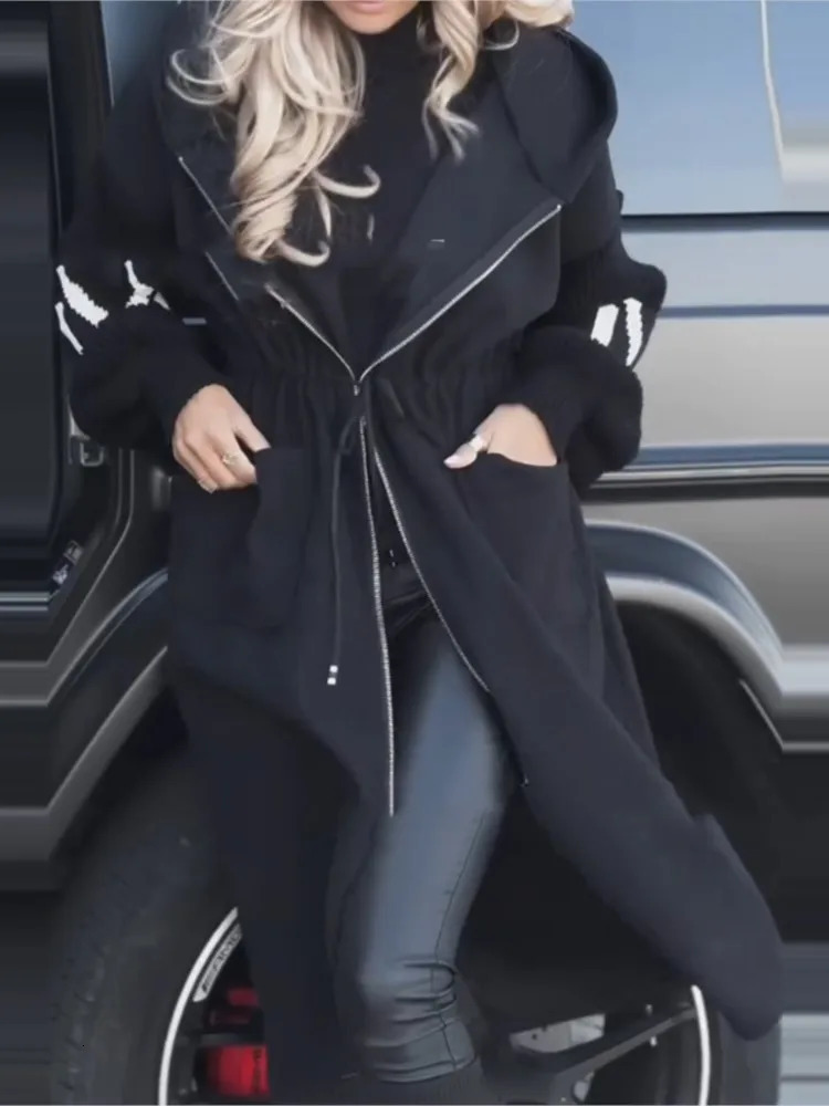 Fashion Hooded Long Sleeve Splicing Jacket For Women Elegant Autumn Winter Loose Casual Holiday Coats Female 250906