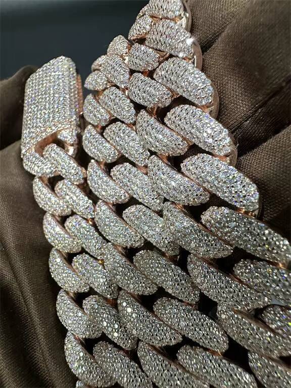 Direct Sales Luxury Vvs Moissanite 925 Sterling Silver Plated 18k Rose Gold Curling Iron Cuban Chain 16mm 22 Inches