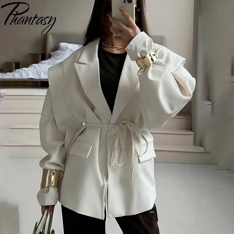 Phantasy Elegant Waist LaceUp Shoulder Padded Suit Jacket Womens HighEnd Sense Pure Color Casual Style 250906