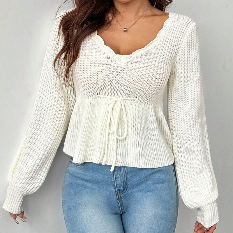 Designer Clothing Women's Lantern Sleeve Drawstring Knitted Sweater