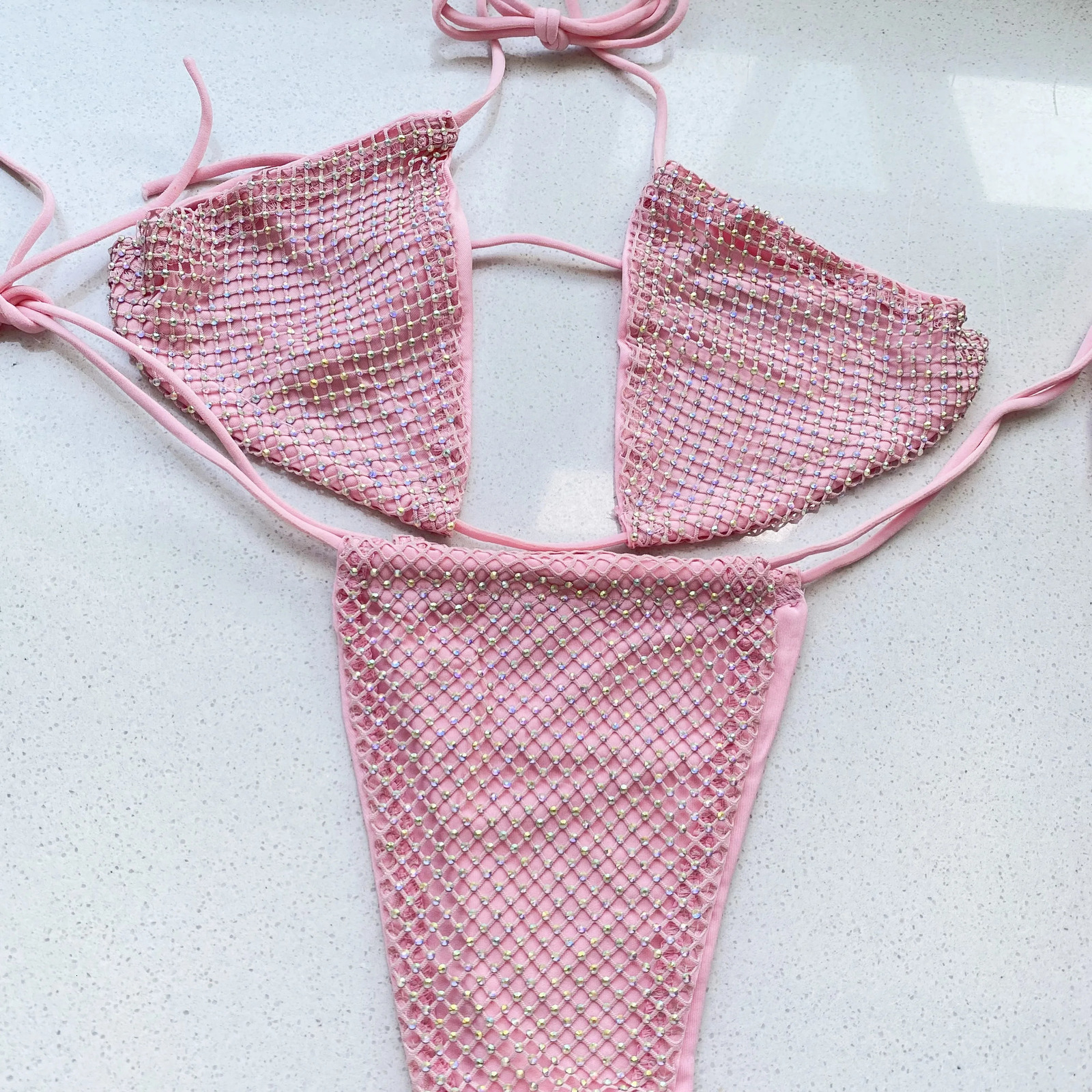 Women s Sexy Bikini Set Swimwear Bling Rhinestone Sliver Crystal Diamond Swimsuit Halter Push Up Bandage Beachwear 250906