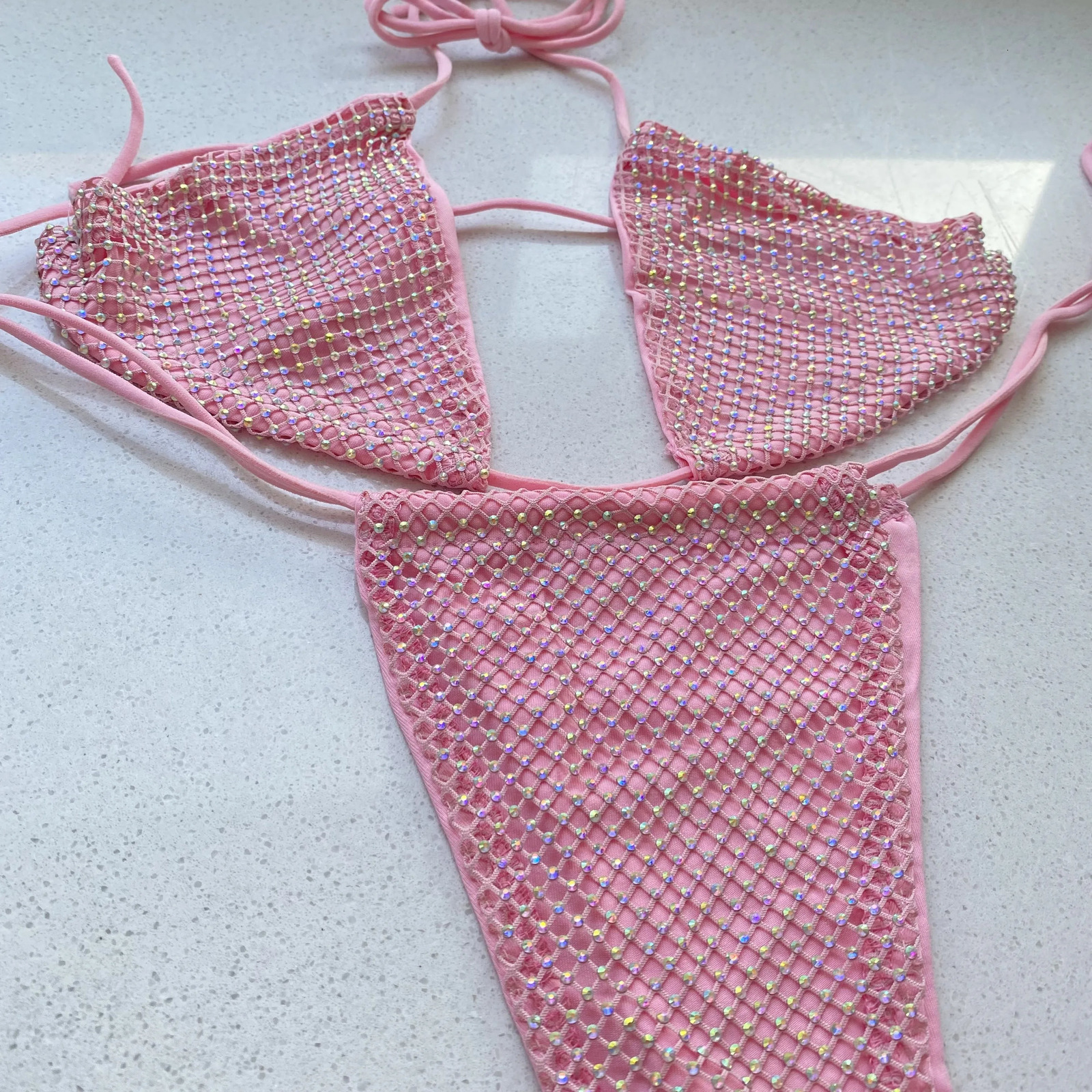 Women s Sexy Bikini Set Swimwear Bling Rhinestone Sliver Crystal Diamond Swimsuit Halter Push Up Bandage Beachwear 250906