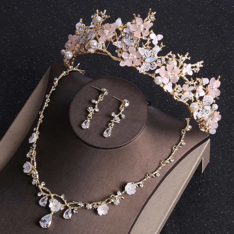 Baroque Gold Color Butterfly Crystal Costume Sets Rhinestone Choker Necklace Earrings Tiaras Crown Wedding Jewelry Set 250906 Z260313